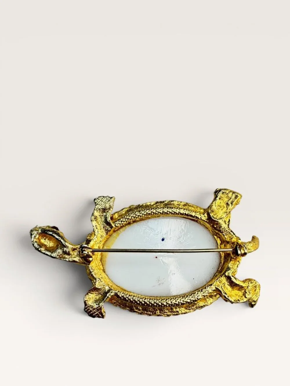 1960s White Glass Gold Leaf Turtle Brooch Gold Tone Figural Animal Vintage